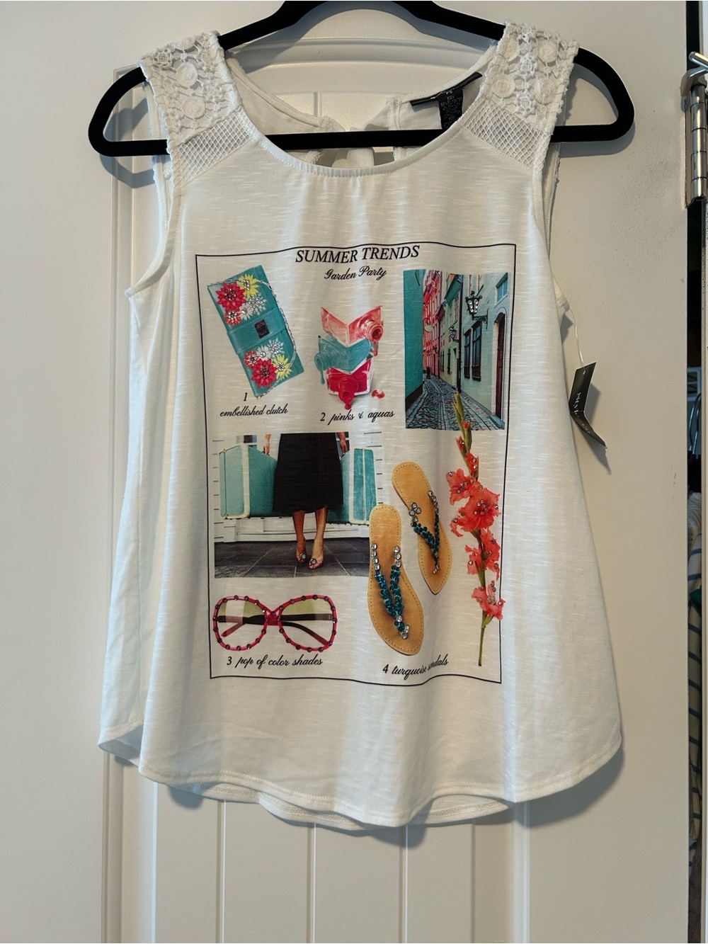 White Graphic Summer Tank with Lace Shoulders